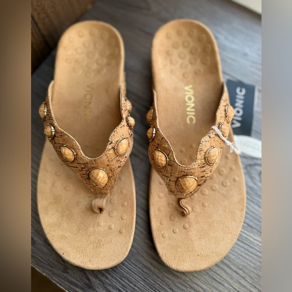 Vionic Eve ll Jeweled Cork Sandals Orthotic Comfort Thong Flip Flops Tan Size 10 - Picture 1 of 6